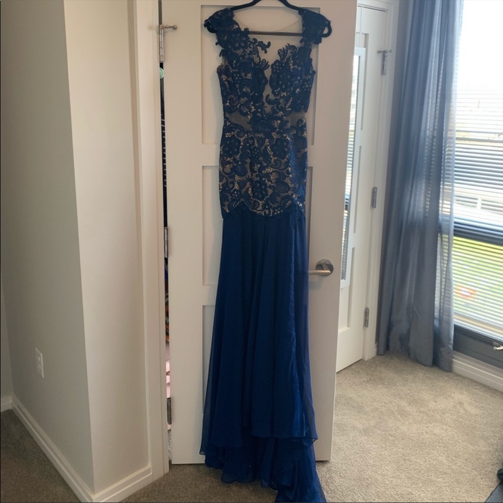Mac Duggal Blue Lace Prom Gown